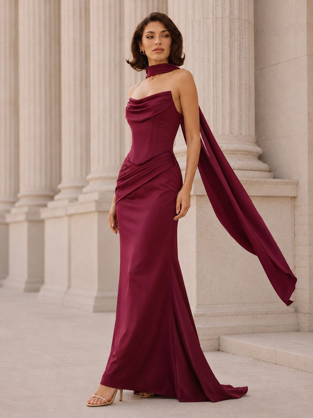 Wine Red Strapless Satin Maxi Dress with Scarf Cape for Formal